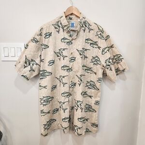Hook & Tackle Hawaiian Shirt Mens XL Cream All Over Fish Print 100% Cotton Beach
